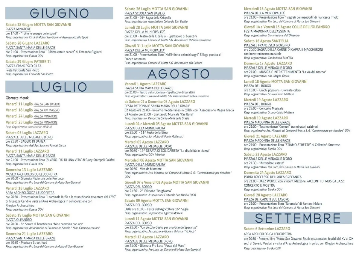 Calendario eventi Estate a Motta San Giovanni
