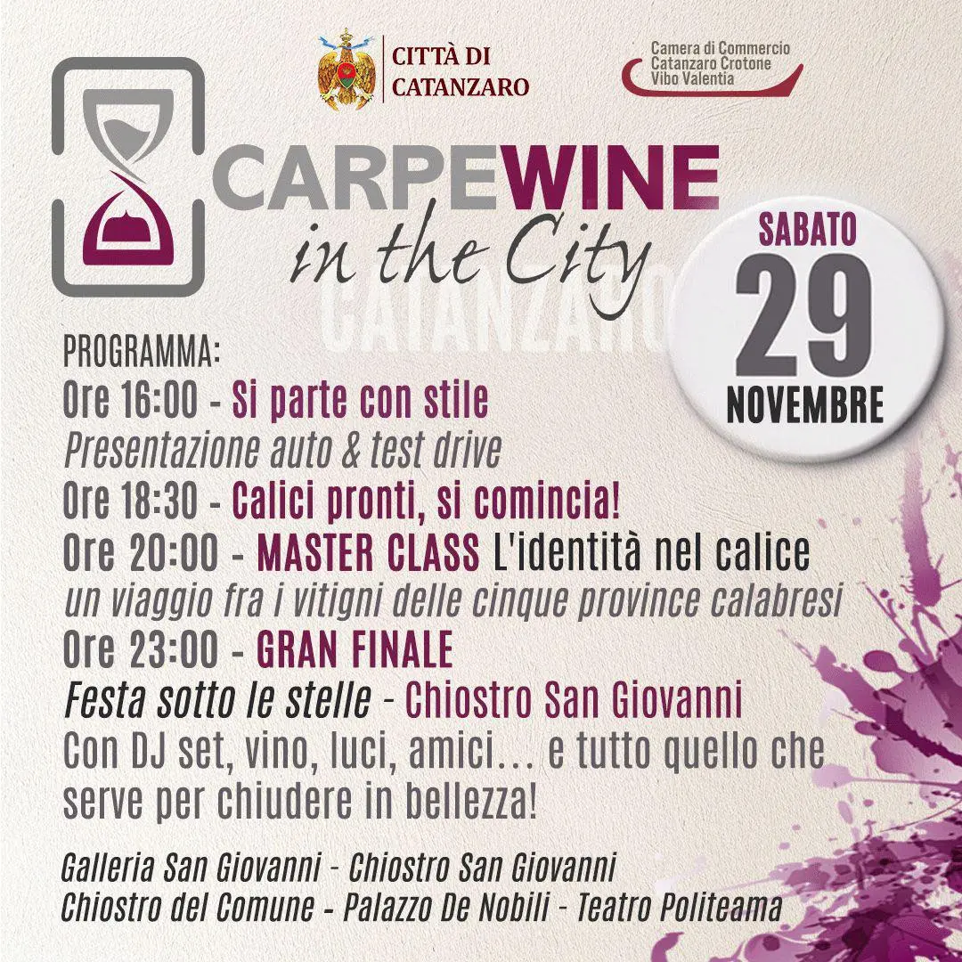 Sabato 29 novembre 2025 il centro storico di Catanzaro si trasforma in un palcoscenico di gusto ed emozioni con CarpeWine in the City, l’evento dedicato al vino e alle eccellenze calabresi. Tra degust(...)