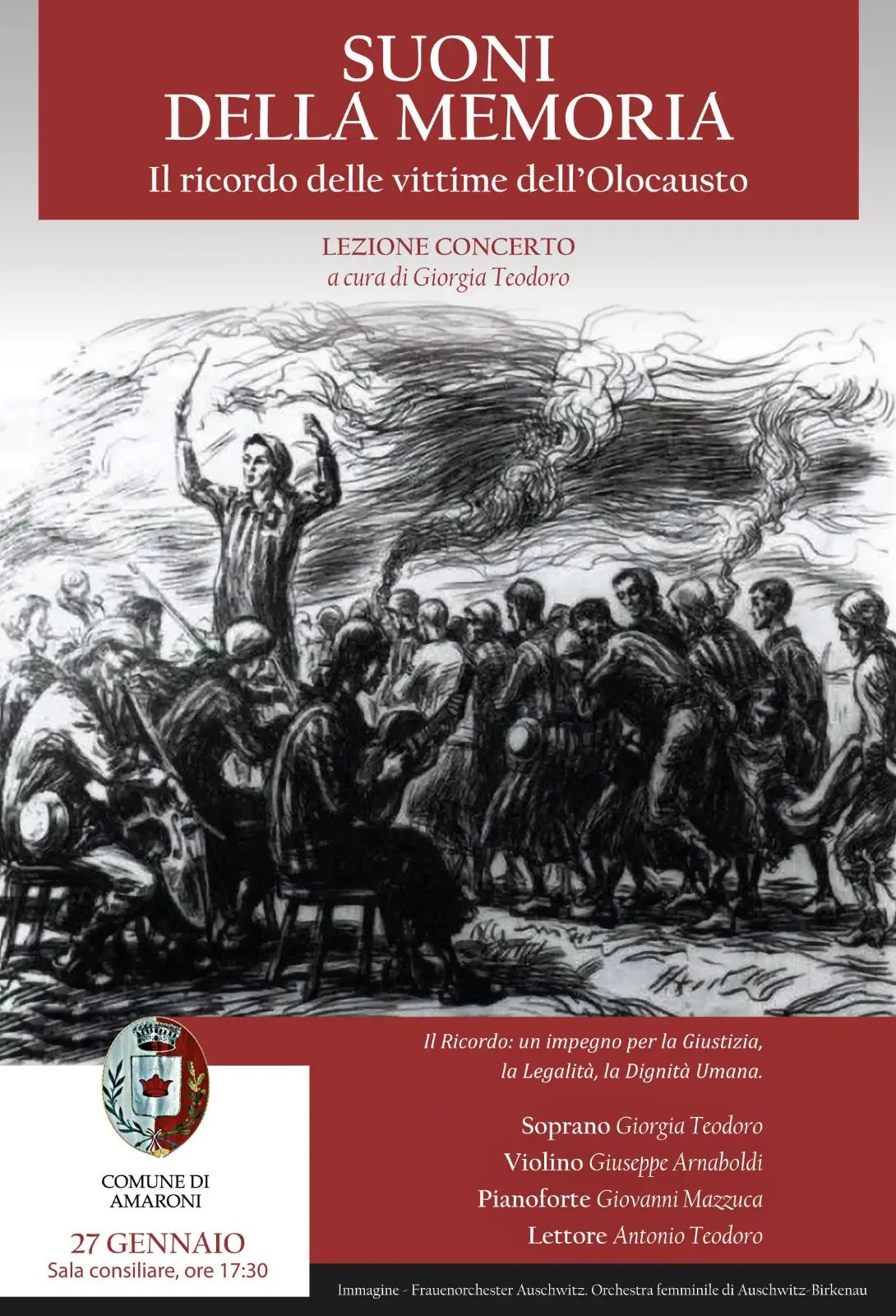 Locandina lezione concerto Suoni della Memoria presso Amaroni