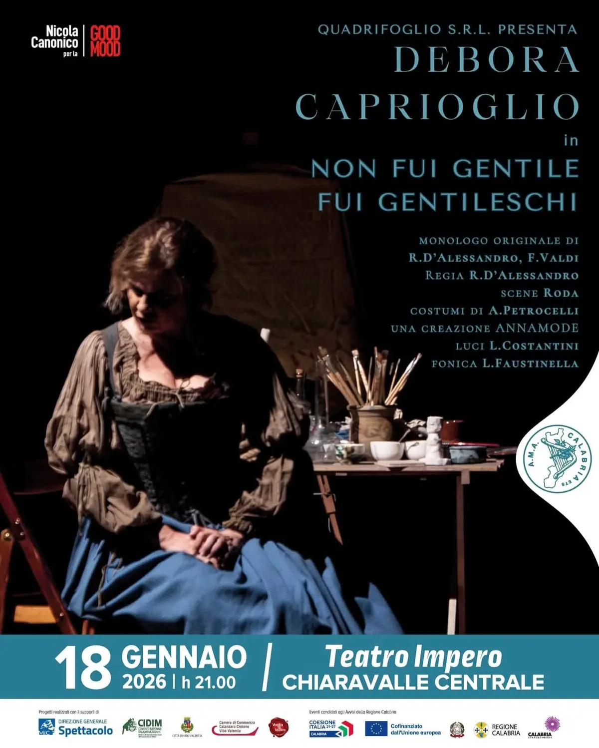 Locandina evento Non fui gentile, fui gentileschi in scena al Teatro impero di Chiaravalle Centrale