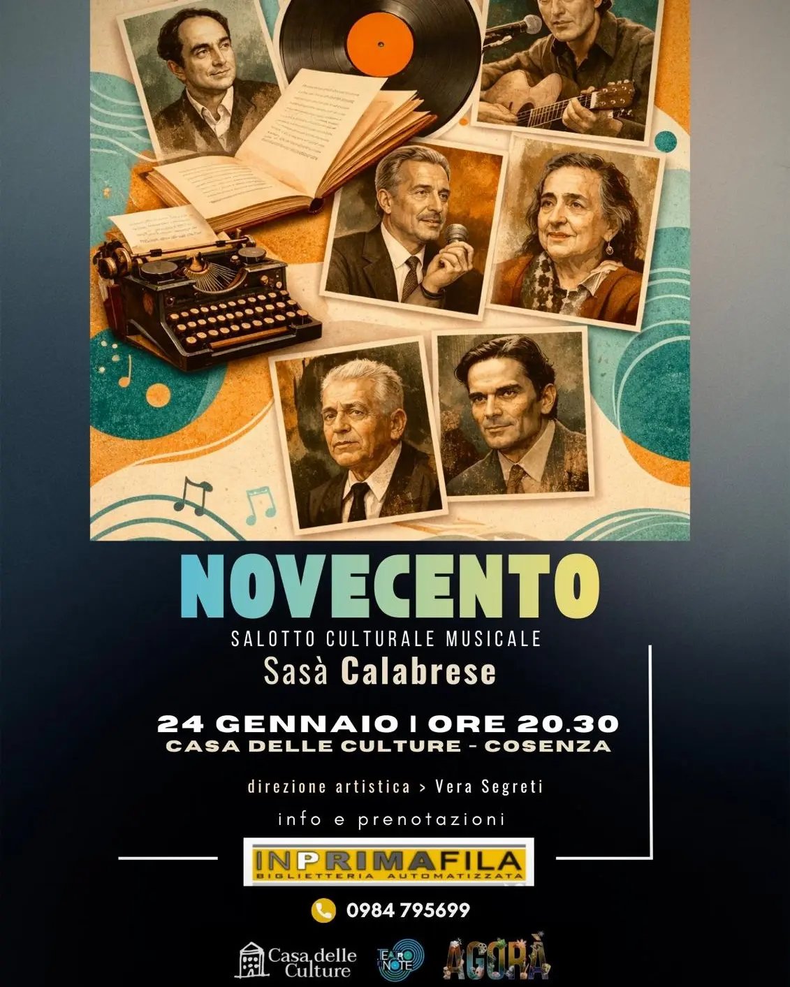 Locandina evento "Novecento - Salotto Culturale Musicale" presso la Casa delle Culture a Cosenza