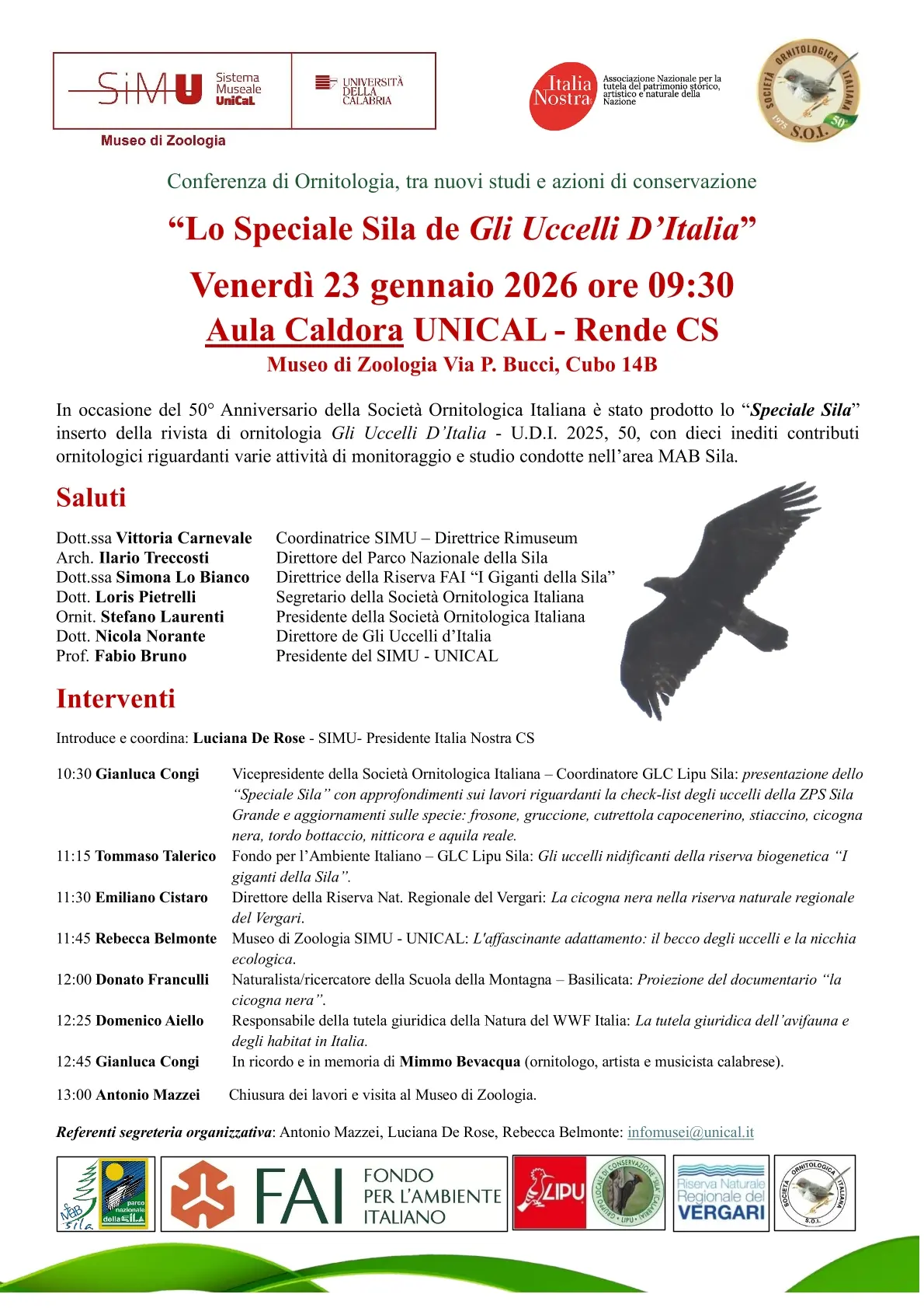 Locandina conferenza di ornitologia "Lo speciale Sila de Gli Uccelli d'Italia" Unical